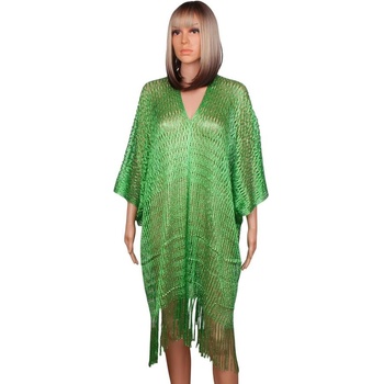 Зелена мрежеста туника за плаж с ресни и ламе