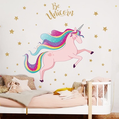 Impresi Samolepka do dětského pokoje Růžový jednorožec Unicorn s hvězdami - 90x30cm