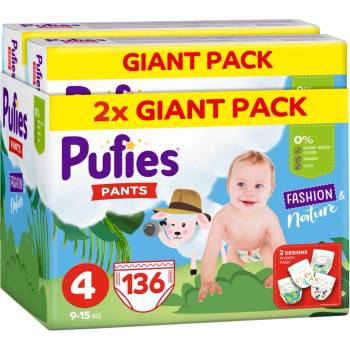 pufies Пелени гащи Pufies Fashion & Nature - Размер 4, 136 броя, 9-15 kg, Giant Pack (3800024036446)
