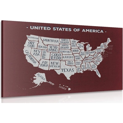 Obraz náučná mapa USA s bordovým pozadím
