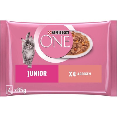 Purina One Junior s lososem a mrkví ve šťávě 4 x 85 g