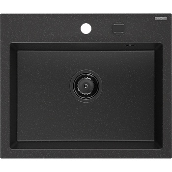 Mexen Oscar гранитна мивка с 1 отделение 580 x 490 мм, черен/сребърен металик, черен сифон - 6519581000-73-B (6519581000-73-B)