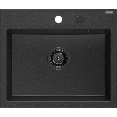 Mexen Oscar гранитна мивка с 1 отделение 580 x 490 мм, черен/сребърен металик, черен сифон - 6519581000-73-B (6519581000-73-B)