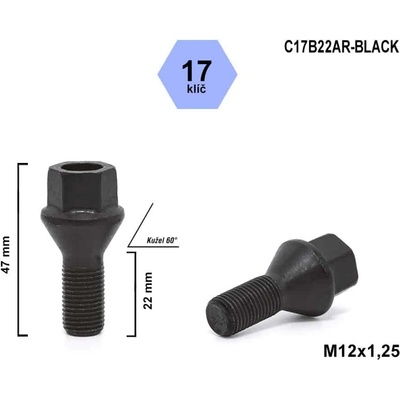 Kolový šroub M12x1,25x22 kužel, klíč 17, C17B22AR-BLACK, výška 47 mm – Zboží Mobilmania
