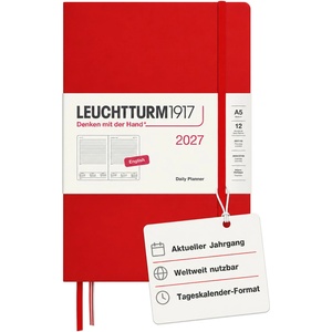 Leuchtturm1917 Daily Calendar 2027 Medium (A5) - English, Cherry, 145 x 210 mm, January-December (12 months), 1 page per day, hourly grid 7: 00-22: 00, hardcover, 80 g/m2 paper - 400326 (400326)