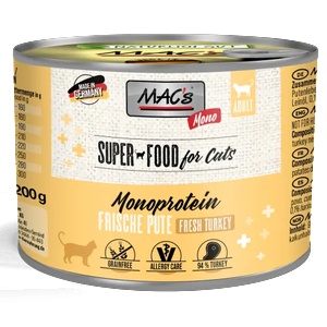 MAC's Mac’s Cat Adult Monoprotein GRAIN FREE, консерва за пораснали котки, БЕЗ ЗЪРНО, за капризни и чувствителни котки, с пуйка и моркови, 200 гр - Германия - 831VE