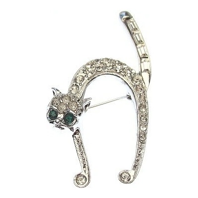 Brož kočka Swarovski Rhodium Zelené oči Rhodium