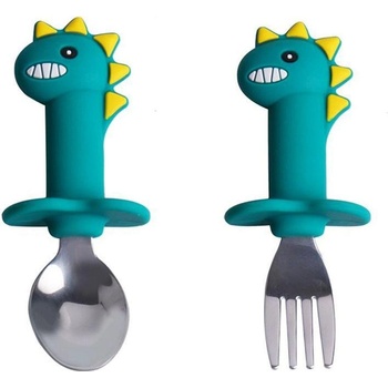 Комплект лъжичка и виличка със силиконова дръжка - Дино (8698329491221)