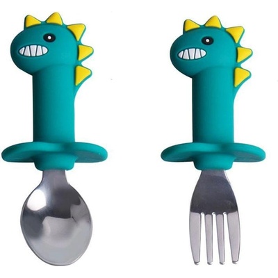 Комплект лъжичка и виличка със силиконова дръжка - Дино (8698329491221)