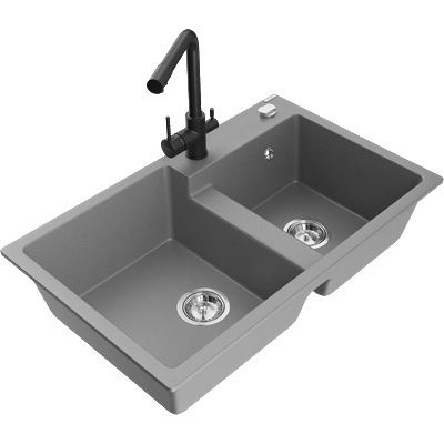 Mexen Tomas двоен гранитен кухненски мивка с батерия Duero, сив - 6516-71-671600-70 (6516-71-671600-70)