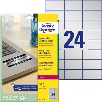 Etikety polyesterové 70x37mm Avery A4 strieborné 20 hárkov