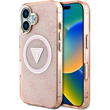 GUESS IML Metal Glitter 4G Circle Triangle MagSafe калъф за iPhone 16 - розов (3666339430511)