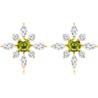Šperky Eshop Zlaté náušnice 14K ve tvaru květu s olivínem a zirkony S2GG90.41