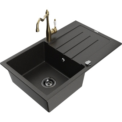 Mexen Bruno гранитна мивка с 1 отделение с отцедник и кухненски смесител Карла, черен/златист металик - 6513-75-670700-50-B (6513-75-670700-50-B)