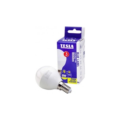Tesla LED žárovka miniglobe BULB E14, 8W, 230V, 900lm, 25 000h, 3000K teplá bílá, 180st