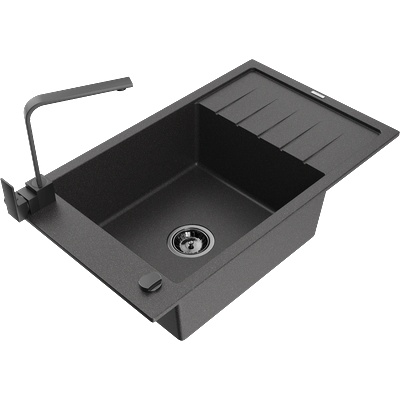 Mexen Elias гранитна мивка с 1 отделение с отцеждане и кухненски смесител Rita, черен с пръски - 6511-76-670300-70-B (6511-76-670300-70-B)