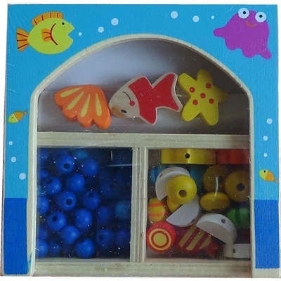 Bigjigs toys Dřevěné navlékací korále v krabičce - malé - Moře