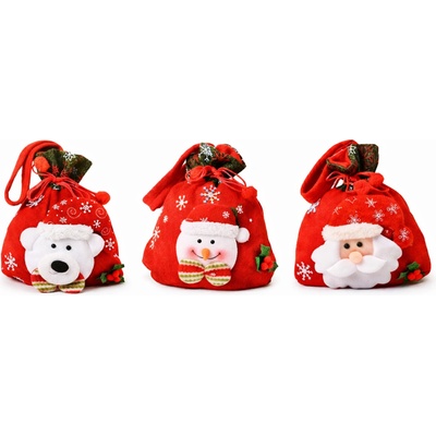 3× vánoční dárkové textilní sáčky se šňůrkou – Santa, sob, sněhulák