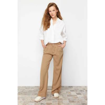 Trendyol Camel 100% Tencel™ Pleated Brown High Waist Wide Leg Jeans krémová