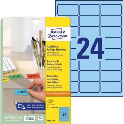 AVERY Етикет AVERY L6032-20 63, 5x33, 9mm универсален син 480 етикета/кутия 20 листа/кутия (L6032-20)