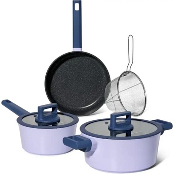 Just Perfecto Комплект съдове за готвене Just Perfecto JL-330, 6 части, Мраморно покритие, Индукция, Стъклен капак с отвор за пара, Лилав/син (JL-330)