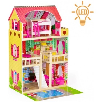 Eco Toys Drevený domček pre bábiky s nábytkom, bazénom a osvetlením