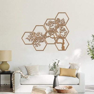 dřevo života Dřevěný strom na zeď HEXAGON Zvolte barvu dekoru: Horský dub, Rozměry (cm): 60x48