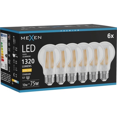 Mexen Vintis 6x LED крушка на нажежаема жичка E27, A60, 10W, Топла - 2700K, 1320 lm, (L150-E27-1027-00x06)