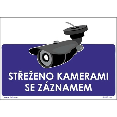 DUKO STŘEŽENO KAMERAMI SE ZÁZNAMEM tabulka modrá Formát: 297 x 210 mm, Materiál: plast 0,5 mm, samolepící vinylová fólie