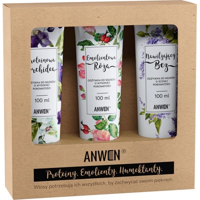 Anwen sada kondicionérov na vlasy s vysokou pórovitosťou Proteínová orchidea 100 ml + zvláčňujúca ruža 100 ml + hydratačná bazová bobuľa 100 ml