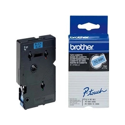 Brother TC-591, 9mm x 7,7m, čierna tlač / modrý podklad, originálna páska