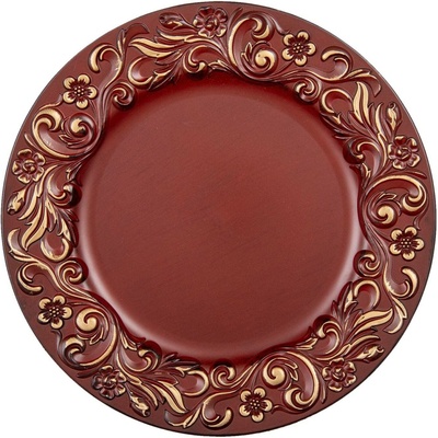 Clayre & Eef Červeno zlatý plastový dekorativní talíř s ornamenty - Ø 33*2 cm