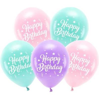 Party Deco Латексови Балони с Надпис "Happy Birthday", Пастелни Цветове (ECO26P-201-081-5)