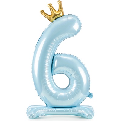 PartyDeco Balónik fóliový stojacie číslo 6 s korunkou svetlo modrý 84 cm