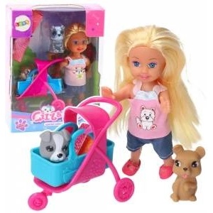 LEAN Toys Mini Doll Stroller Carrier Dogs Set Gray Brown