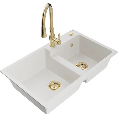 Mexen Tomas гранитна мивка с 2 отделения с кухненски смесител Savita, бял - 6516-20-672601-50 (6516-20-672601-50)