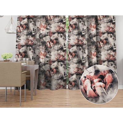 Biante Dekoračný záves Parma PM-111 Tehlovo červené kvety na dymovo sivohnedom 145x170 cm