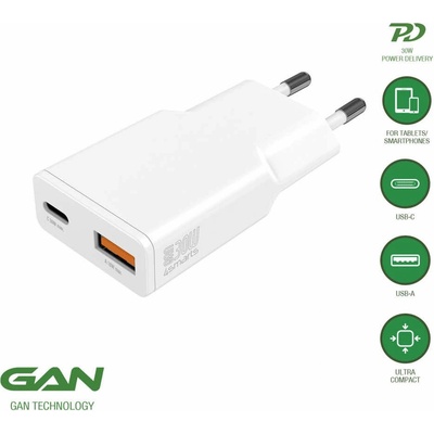 4smarts Захранване за ел. мрежа с USB-A и USB-C изходи и технология за бързо зареждане - 4smarts GaN Duos Slim Wall Charger 30W PD (бял) (541125)