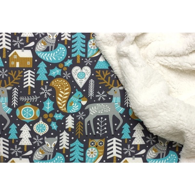 Softshell sherpa | beránek - Lesní vzor jelen, liška, veverka, sova