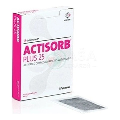 Actisorb Plus 25 obväz s aktívnym uhlím a striebrom 6,5 x 9,5 cm 10 ks