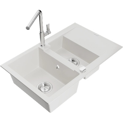 Mexen Gaspar гранитна мивка с 1, 5 отделения с отцедник и кухненски смесител Flora, бял - 6507-20-670401-00 (6507-20-670401-00)