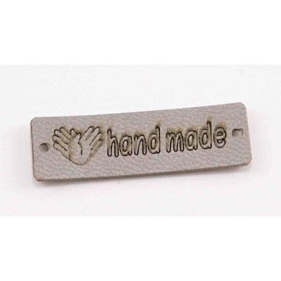 Našívacia kožená štítok Handmade - svetlosivá - rozmer 3,5 x 1 cm