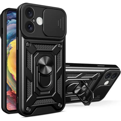 HQWear Брониран калъф Hybrid Armor Camshield iPhone 16 Plus с капак за камера и стойка - черен (Hybrid Armor Camshield iPhone 16 Plus black)