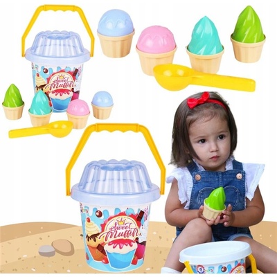 Teddies Sada na písek plast kbelík, lopatka, bábovky 2 barvy v síťce 20x21x20cm 12m