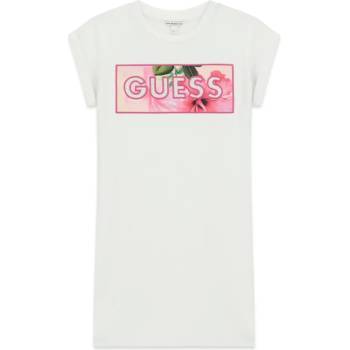 Guess Бяла рокля къс ръкав за момиче с цветна щампа и надпис Guess с камъчета
