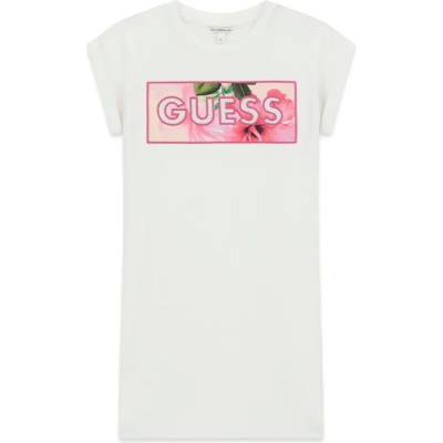 Guess Бяла рокля къс ръкав за момиче с цветна щампа и надпис Guess с камъчета