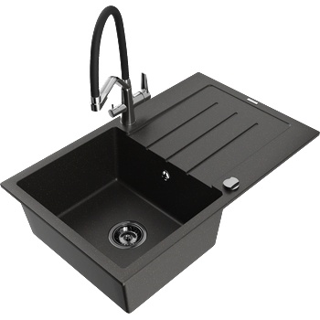 Mexen Bruno гранитна мивка с 1 отделение с отцедище и кухненски смесител Duo, черно/златист металик - 6513-75-671701-07-B (6513-75-671701-07-B)