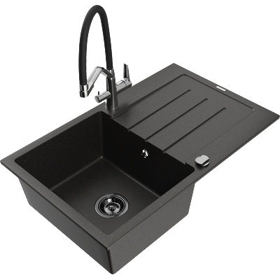 Mexen Bruno гранитна мивка с 1 отделение с отцедище и кухненски смесител Duo, черно/златист металик - 6513-75-671701-07-B (6513-75-671701-07-B)