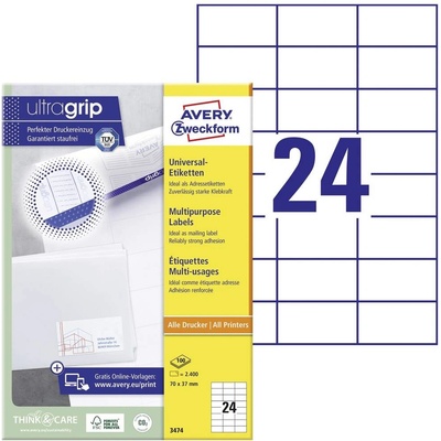 Avery-Zweckform 3474 70 x 37 mm papier biela 2400 ks trvalé univerzálne etikety atrament, laser, kópie; 3474