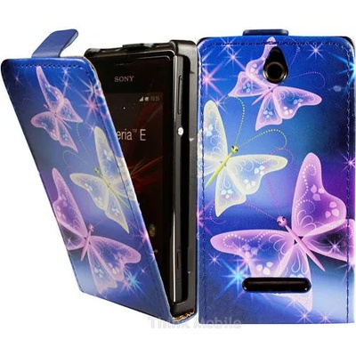Sony Xperia E/Dual Blue Butterfly Flip Калъф + Скрийн Протектор